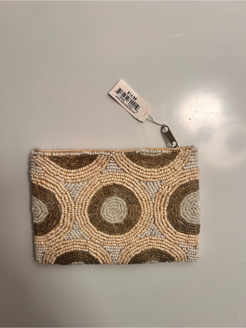 Beaded Circle Pattern Zip Pouch - Cream & Gold